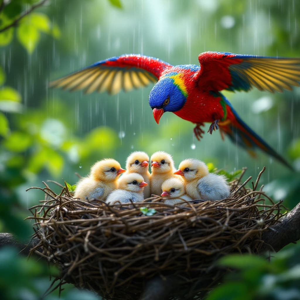 AI generated: It is a photorealistic and heartwarming depiction of a vibrant family of rosellas in a serene natura...