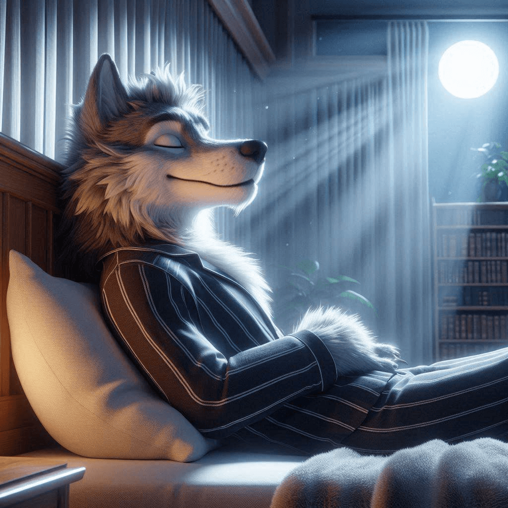 AI generated: 3D animation of a long-furred wolf in pajamas resting on his back in a bed with a thoughtful express...