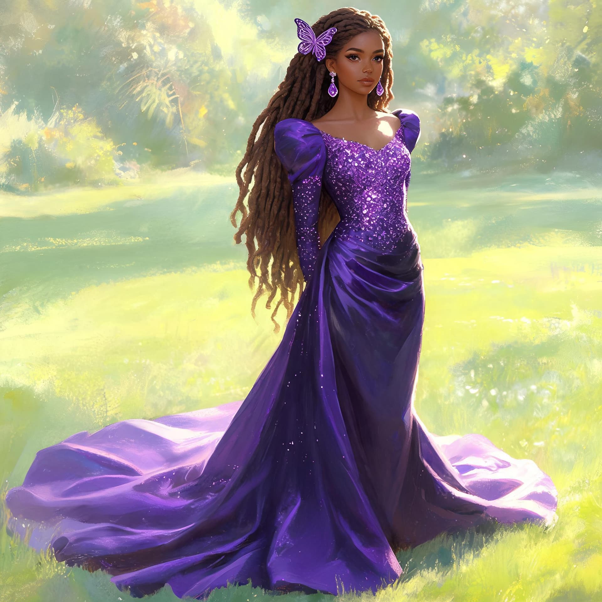 AI generated: FULL BODY Painterly image of a gorgeous medium-brown-skinned lady with long flowing locs pinned on o...