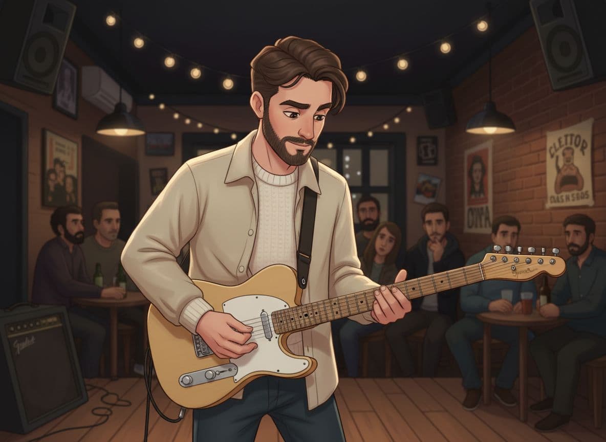 AI generated: Hola, quiero que me pongas a este tipo tocando una Telecaster classic vibe. Representa su cara lo má...