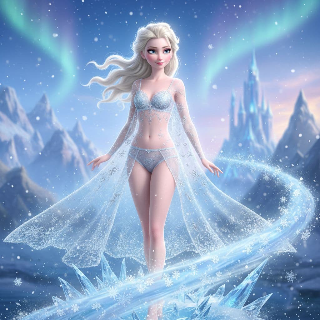 AI generated: Elsa, with her icy blonde hair and regal demeanor, poses gracefully in delicate lace lingerie. The p...