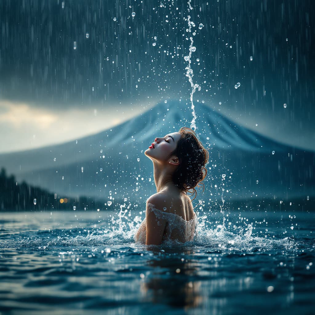 AI generated: beautiful asian lady trapped in a rain drop as it hits the water, she is wearing a shear dress, a ba...