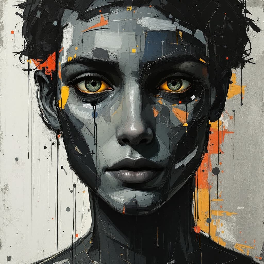 AI generated: illustration, sculpture, man, face, gaze, mud, mondrian, consisting dark colors, black outline, patt...