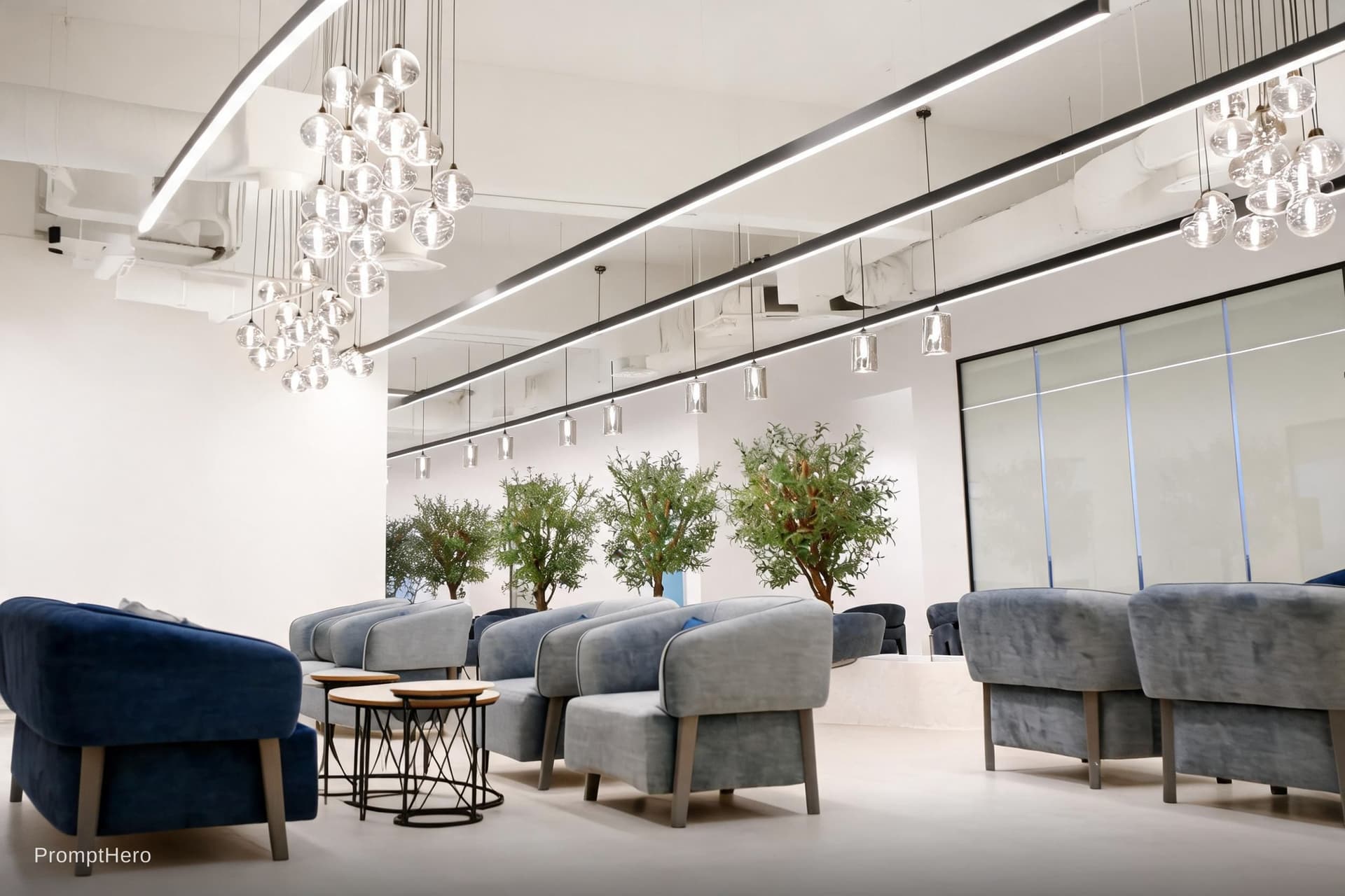 AI generated: photorealistic, perspective view, minimalist co-working space, bright finished and embient, elaborat...