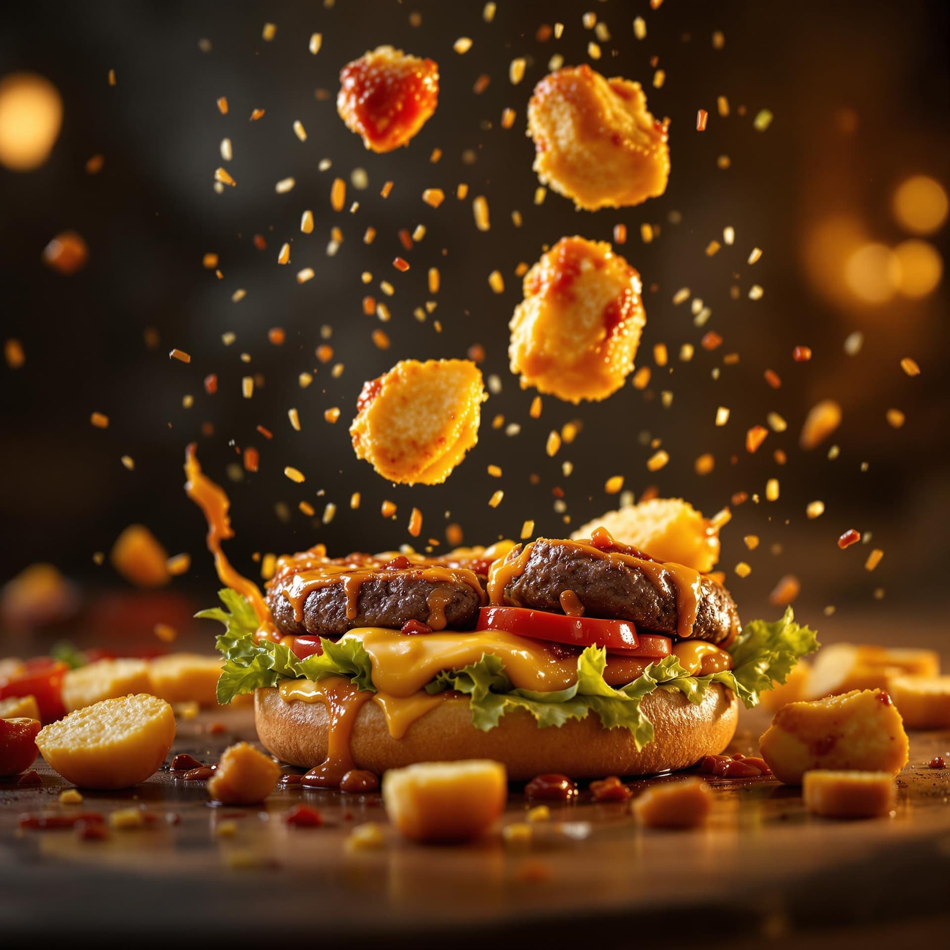 AI generated: A burger falling in pieces juicy, tasty, hot, promotional photo, intricate details, hdr, cinematic, ...