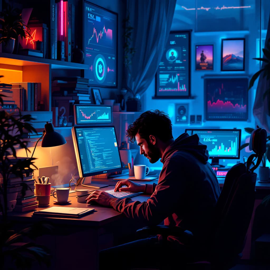AI generated:  man deeply focused on his computer in a high-tech, cozy workspace. His face is hidden, only the glo...