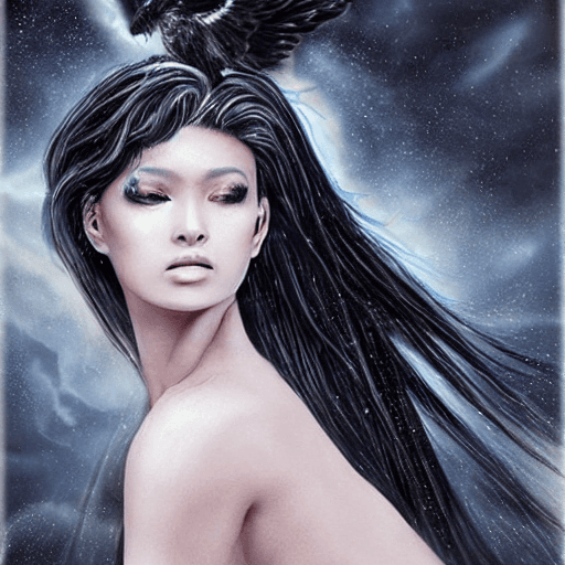 AI generated: (thunderstorm background), direct gaze, female dark angel with nimbus over head , long two legs, wid...