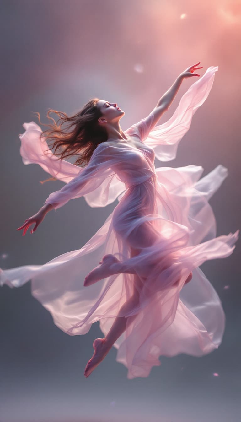 AI generated: In a surreal dance of delicate movement, the ethereal beauty is captured in this portrait of a midai...