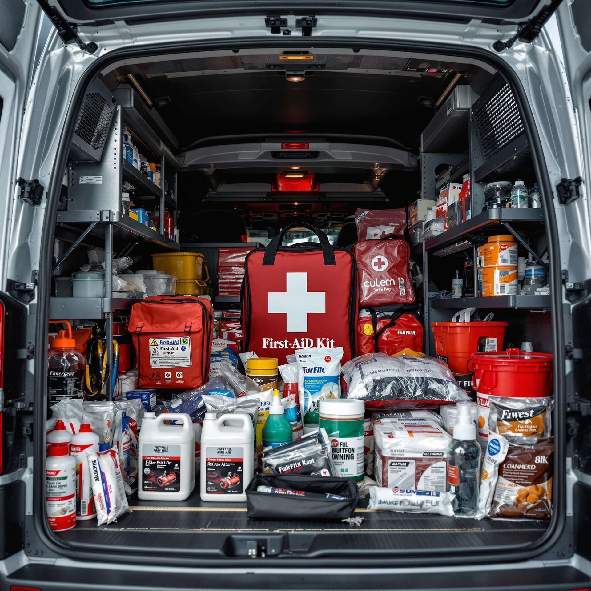 AI generated: A first-aid kit and emergency supplies in a van. dslr, ultra quality, sharp focus, tack sharp, dof, ...