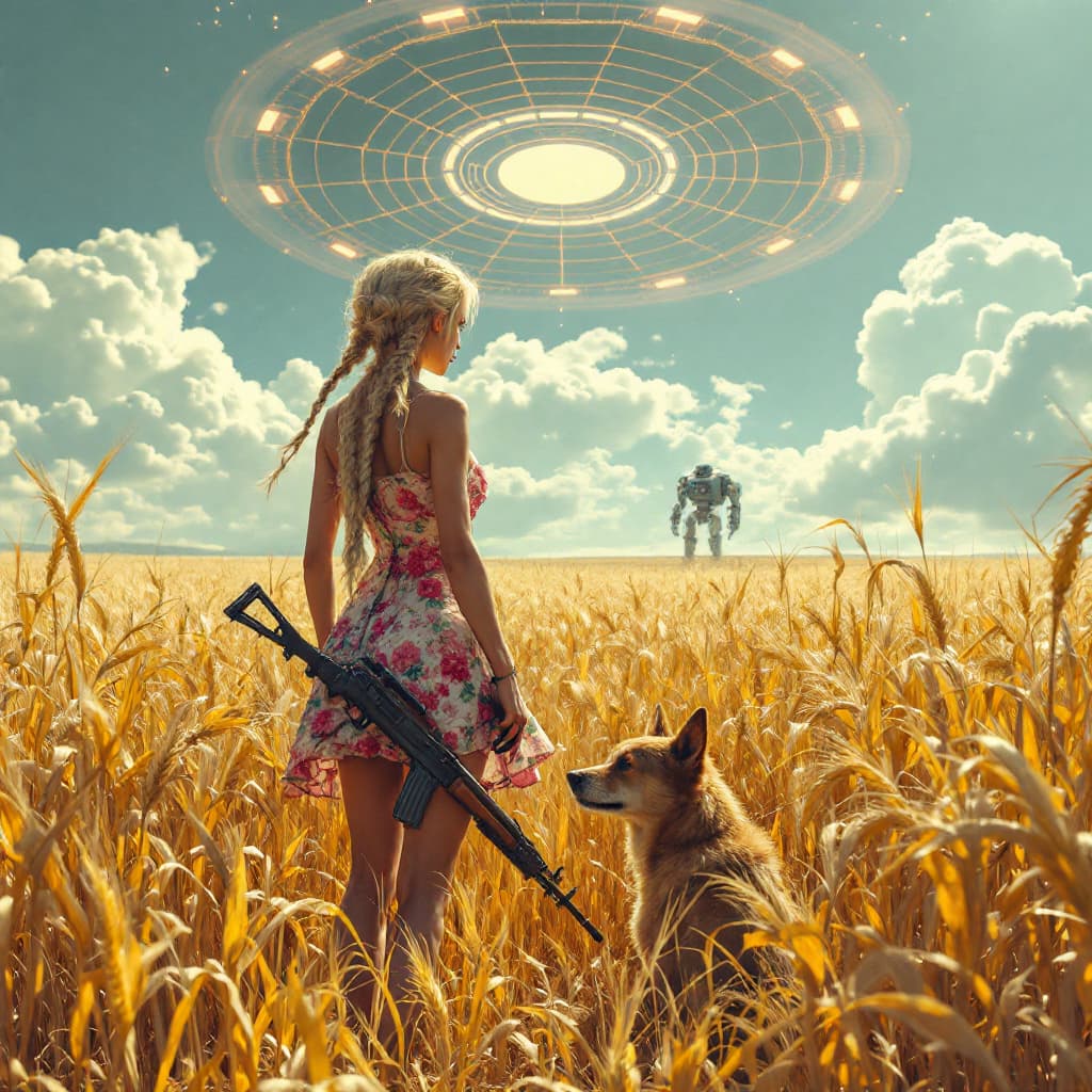 AI generated: full body view of A minute blonde woman with braids, flowery dress, barefoot (((show the foot))) wit...
