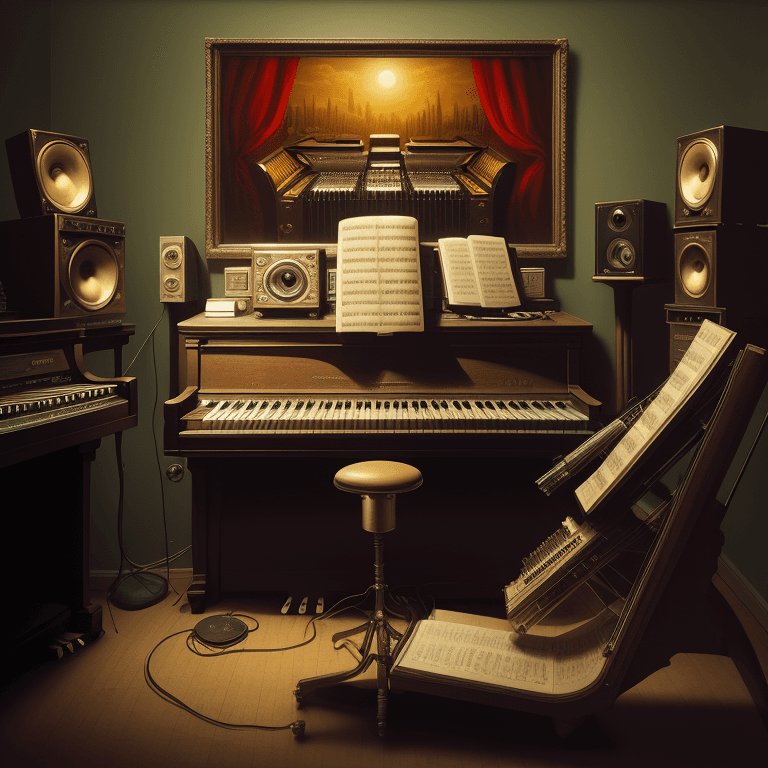 AI generated: music Album cover picture, classical music , surreal art, oil picture, radio, speaker, computer, pia...