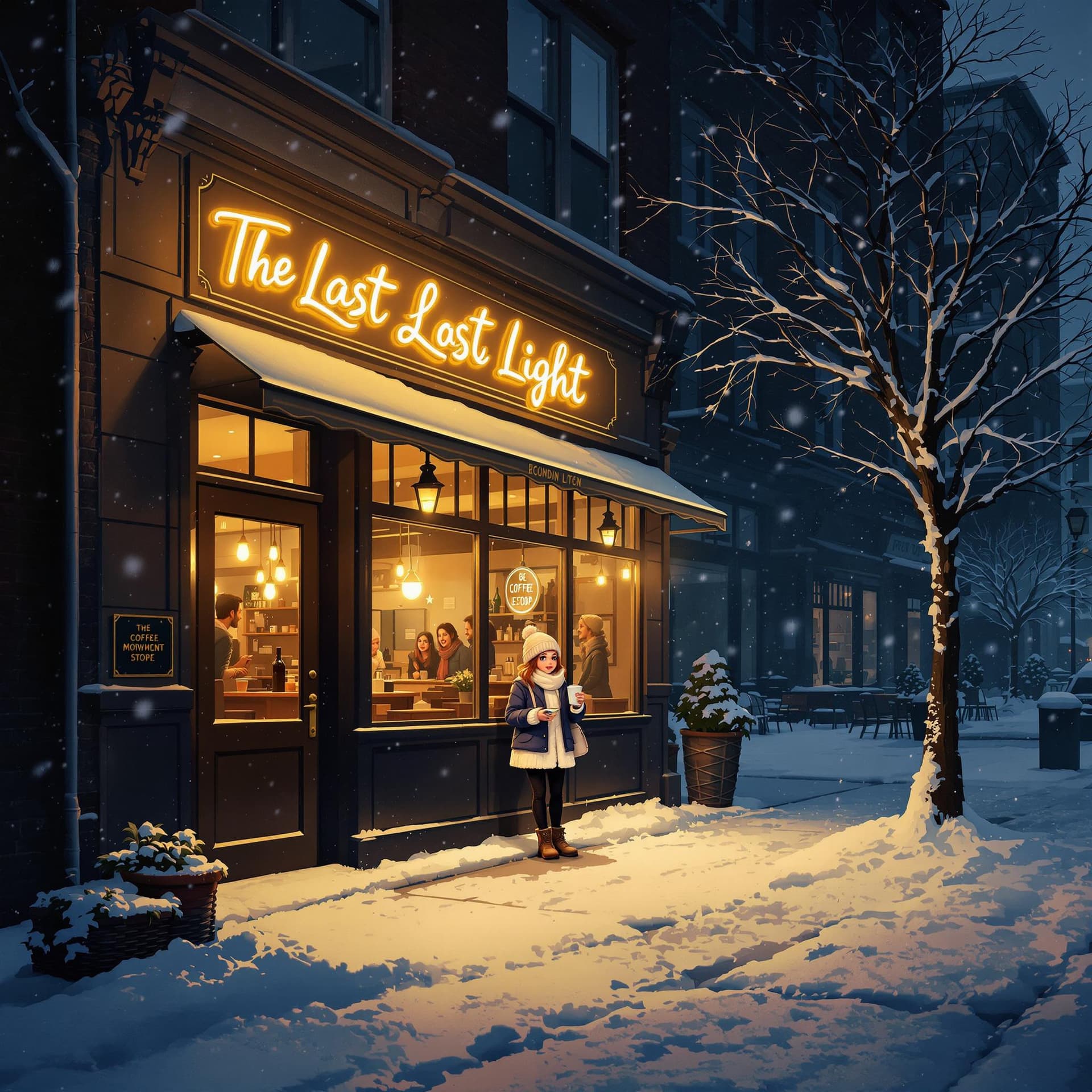 AI generated: An enchanting winter scene of a small coffee shop named 'The Last Light' on a snowy street at night....