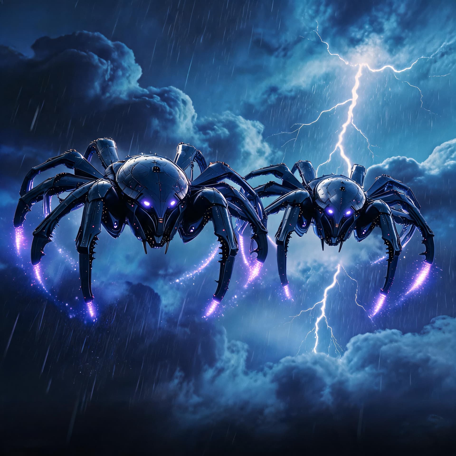 AI generated: Two massive SPIDER-class alien crafts descending alone through Earth’s violent storm atmosphere at n...