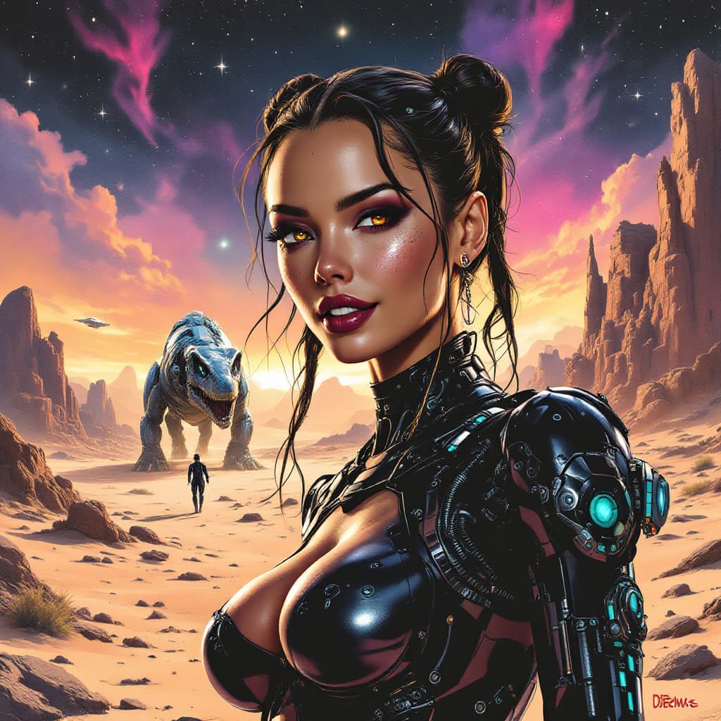 AI generated: A highly detailed comic book cover illustration showing full body view of a futuristic beautiful lad...