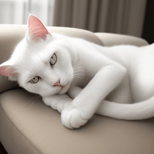 AI generated: A white cat with black eyes lying down on the sofa