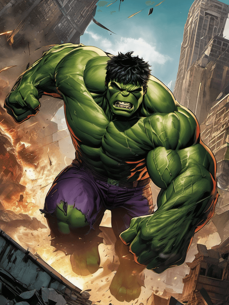AI generated: the Hulk in his Worldbreaker form, his power and rage reach astronomical levels, amidst a cityscape ...