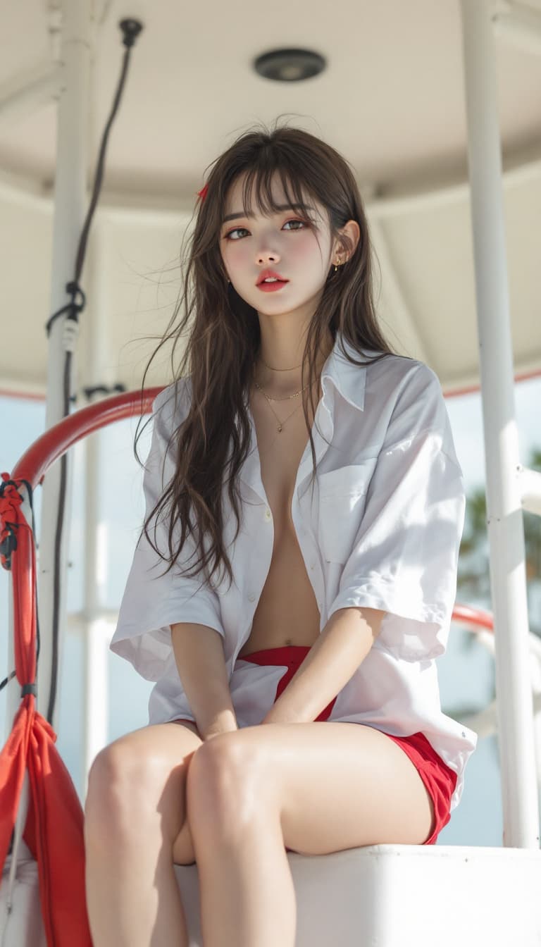 AI generated: 1girl, a girl as a lifeguard, sitting in the sun on a white lifeguard tower, plain white shirt, red ...