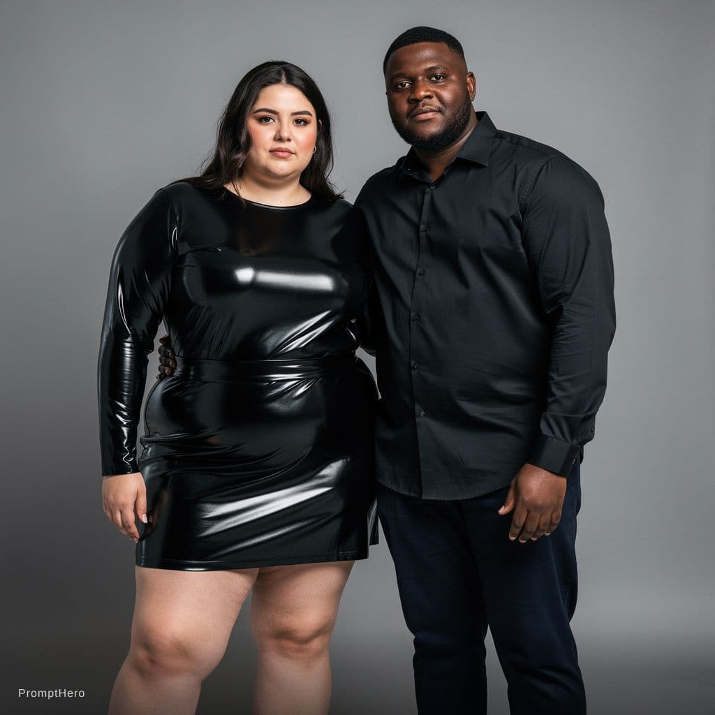 AI generated: Ssbbw very fat women in latex mini skirt with a BHM very fat male standing next to her