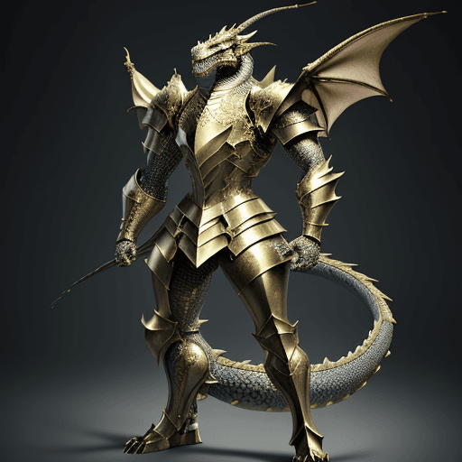 AI generated: a dragon stands tall and majestic, its formidable presence enhanced by the magnificent suit of armor...