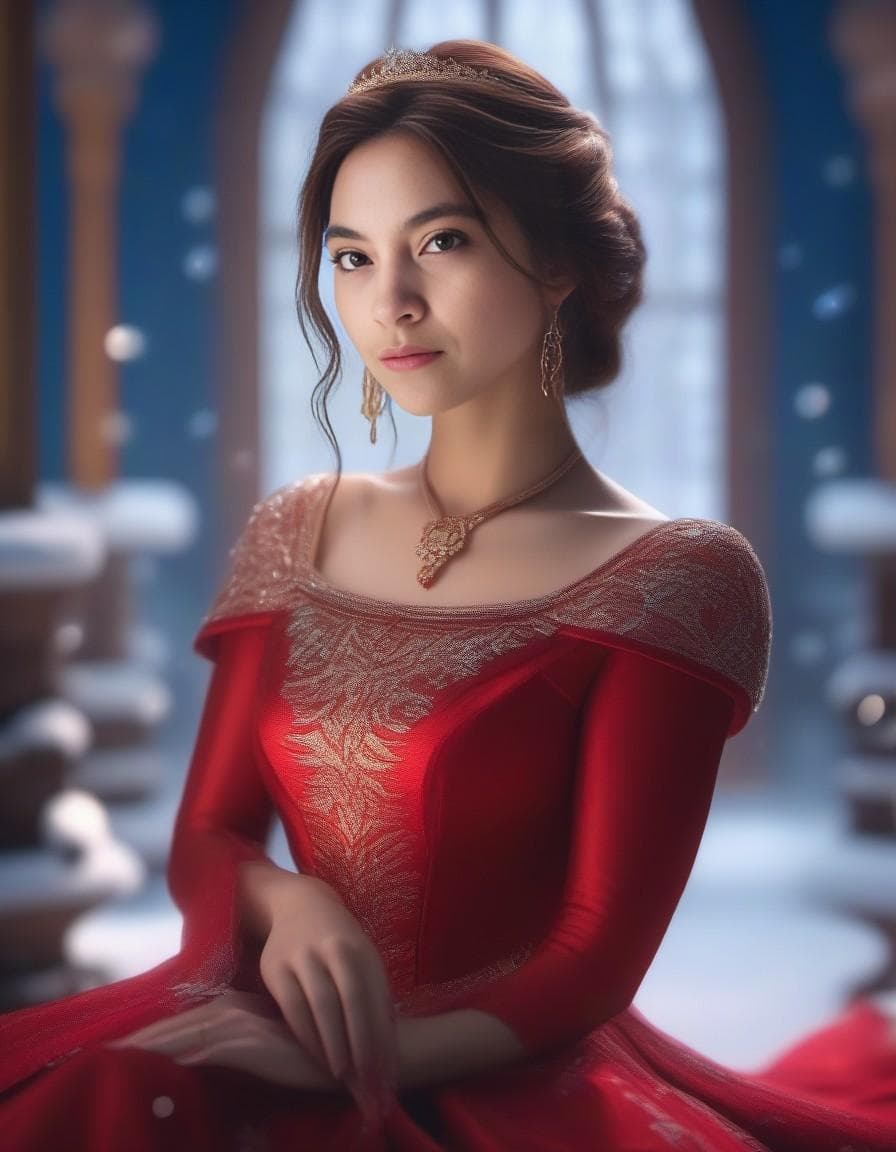 AI generated: (real female in Elsa outfit), red dress winter background, (((full body visible))), looking at viewe...