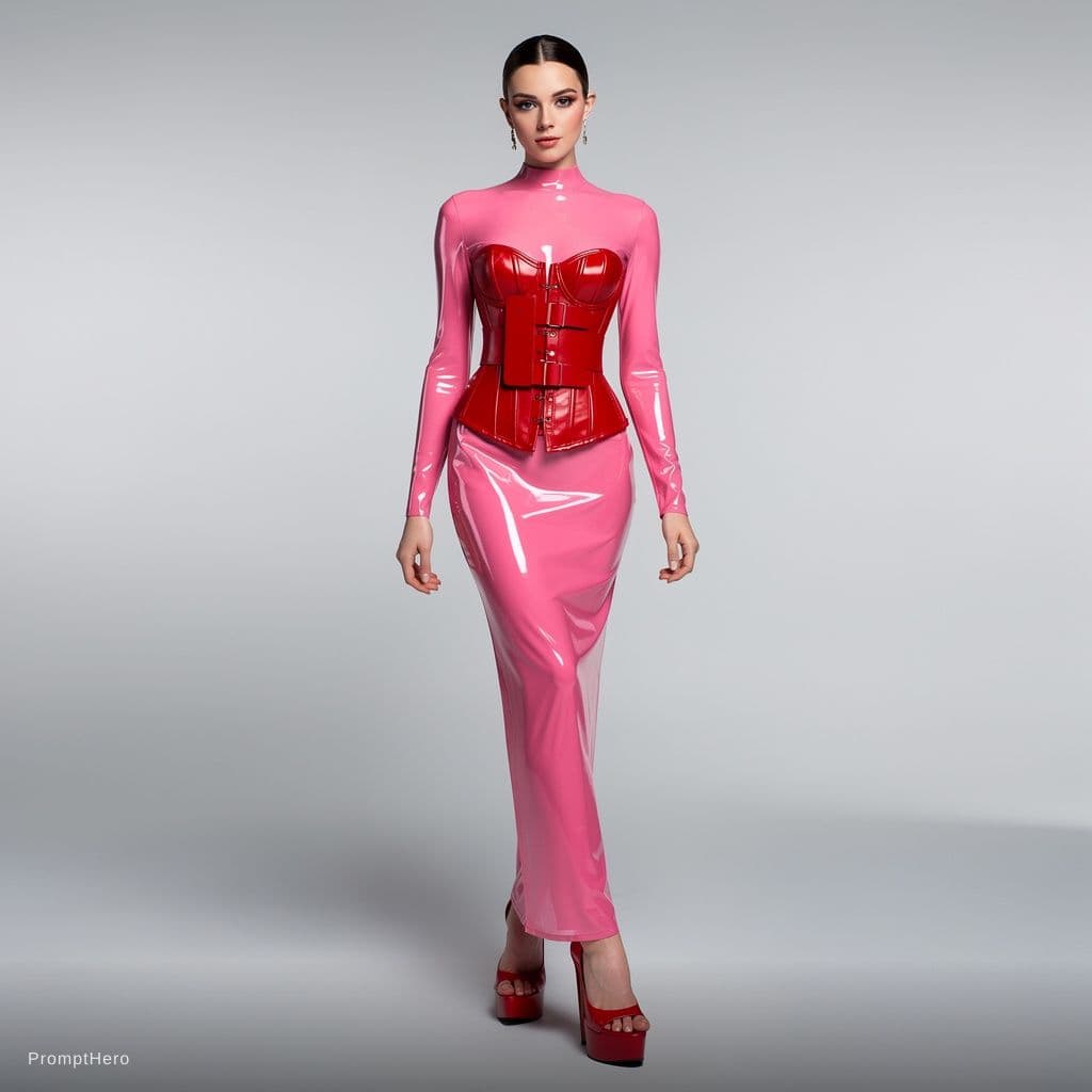 AI generated: a model in pink full body latex dress, with red corset and red plateau peep toe high heels
