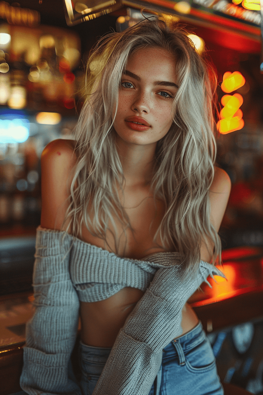 AI generated: A beautiful woman with long silver hair, wearing an off-the-shoulder sweater and jeans leaning on th...