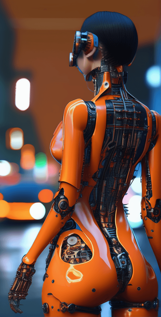AI generated: sexy lady, orange bodysuit, Outsider Art, Robotpunk, Streetlights, octane rendering, REDengine engin...