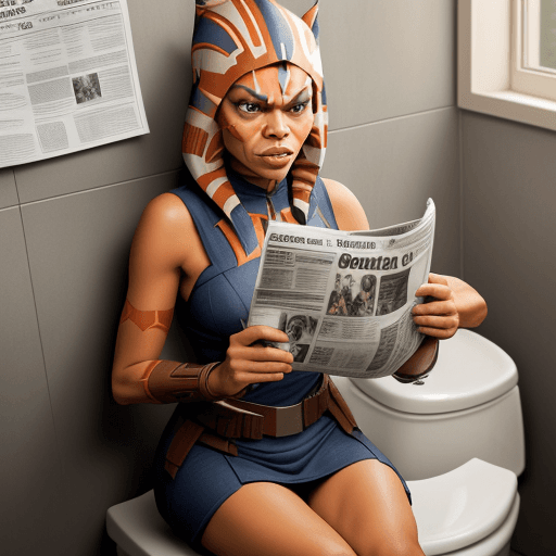 AI generated:  Rosario Dawson in Ahsoka Tano character costume seated on a toilet doing a number 2, reading  a new...