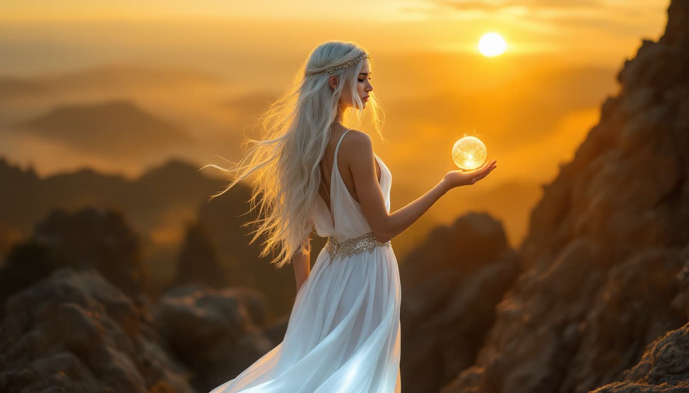 AI generated: a breathtaking portrait of a stunningly gorgeous 25 year old woman standing atop a rocky outcropping...