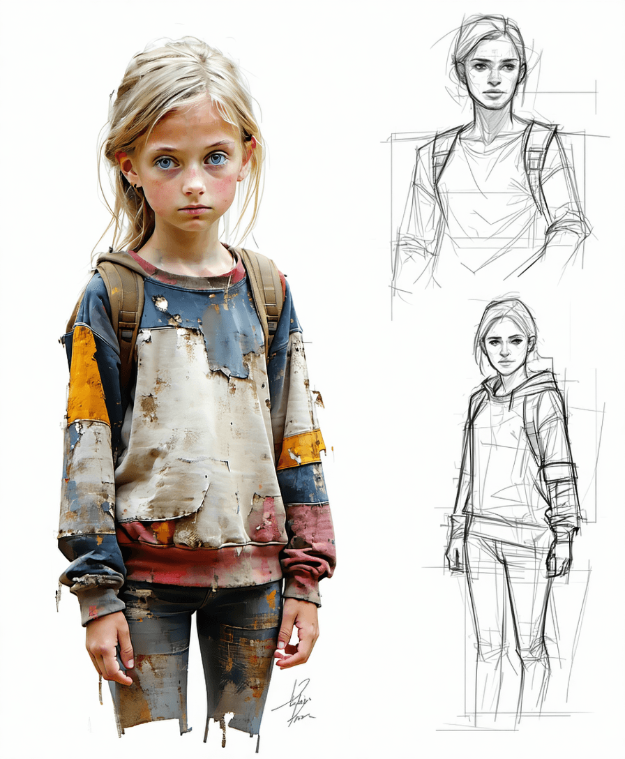 AI generated: Create a series of (pencil and watercolour drawings:1.9) making a character face and shoulder refere...