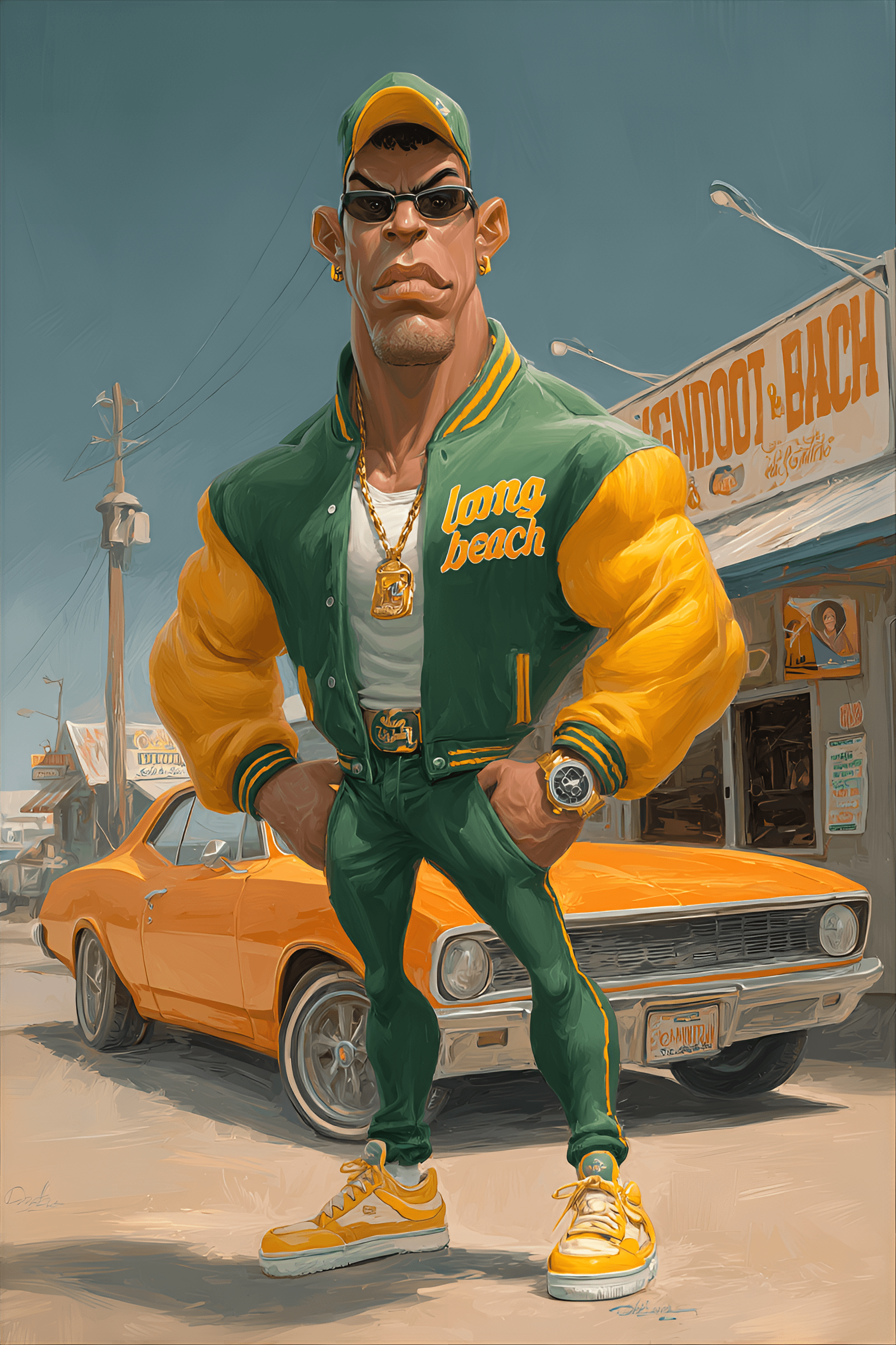AI generated: funny caricature, exaggerated retro athlete, african american ethnicity, 28 years old, tall, muscula...