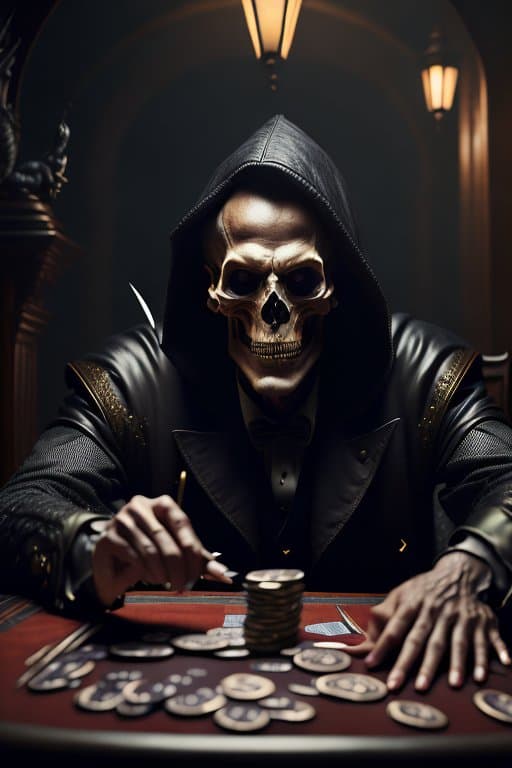 AI generated: (((8k, very high resolution, masterpiece))), (death:1.2) playing poker, (scythe of death in backgrou...