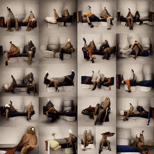 AI generated: photograph differents birds dressed in suits sitting on a leather sofa, faded colors, low-saturation...