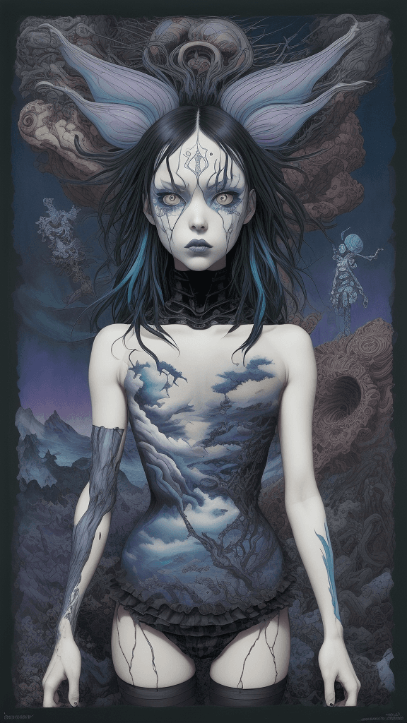 AI generated: complex layered cartoon by sagisawa fumika and by Gerald Brom, complex horizon , complex nvinkpunk b...