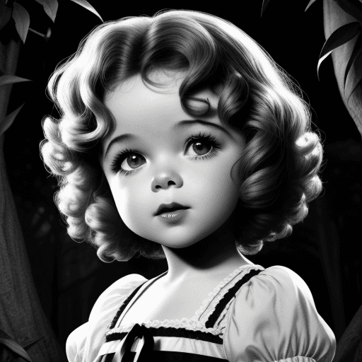 AI generated: Shirley Temple a los 6 años con pelo oscuro y ojos marrones en un bosque
