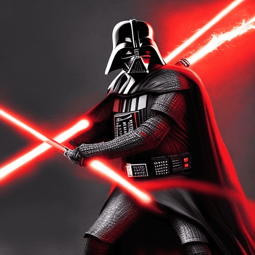 AI generated: medieval darth vader, epic fight scene, holding glowing red flaming sword, full body, hyper realisti...