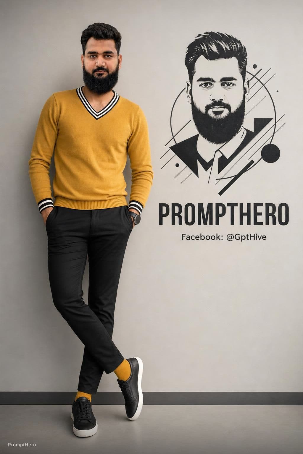 AI generated: Ultra-realistic 8K full-body portrait of a stylish young man leaning casually against a clean light-...
