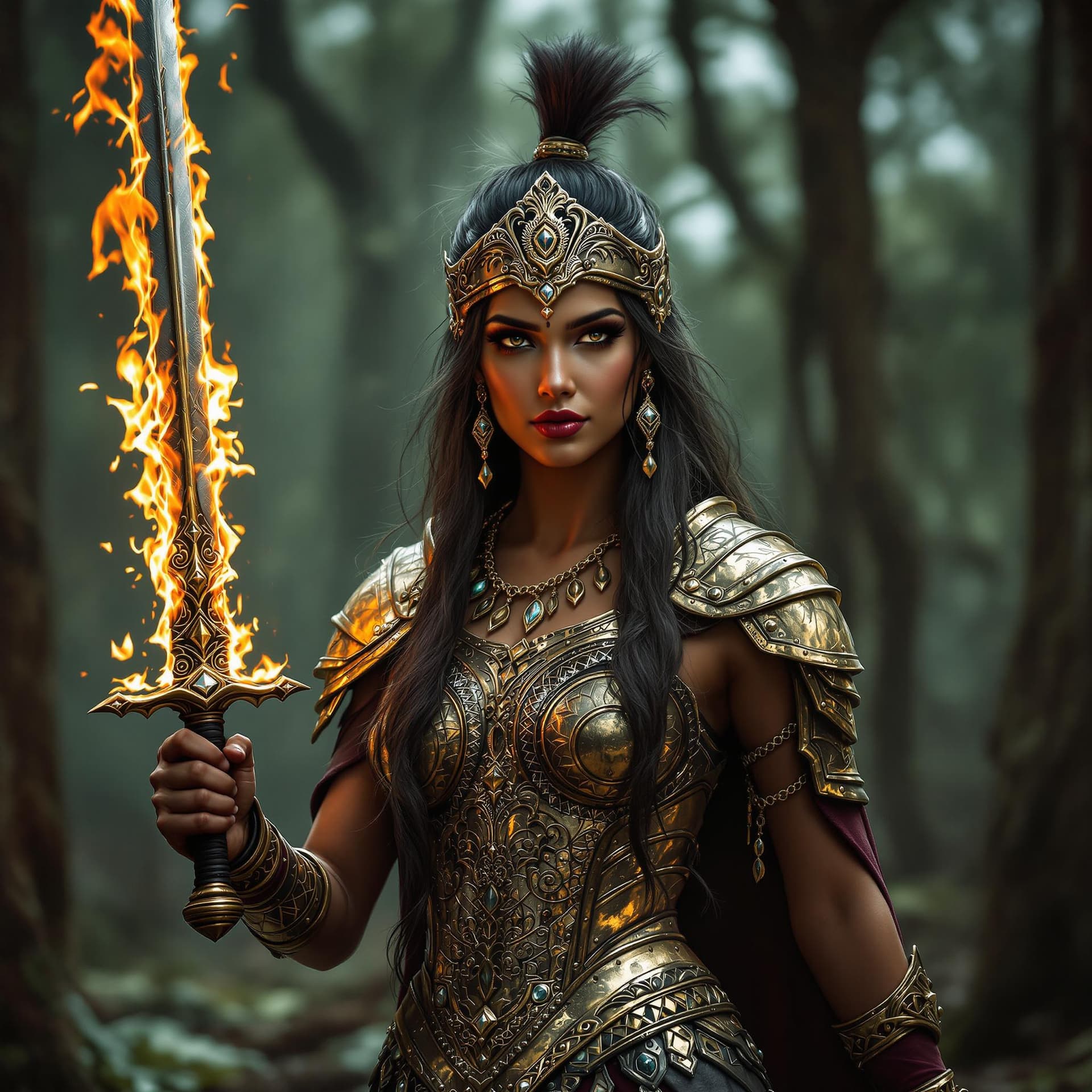 AI generated: a beautiful Indian woman, dressed in medieval warrior costume, golden metal armor, in the middle of ...