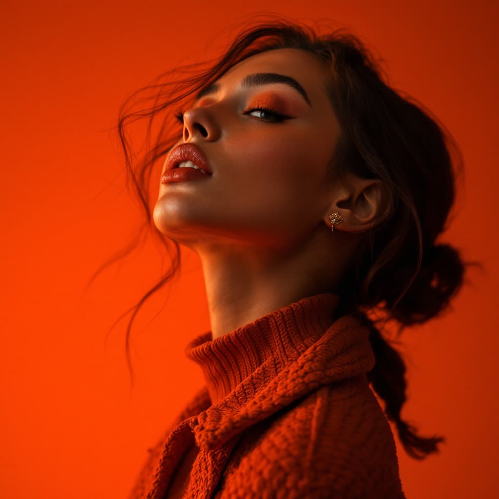 AI generated: photography, orange tone, female model, solid orange background, using a camera setup that mimics a ...