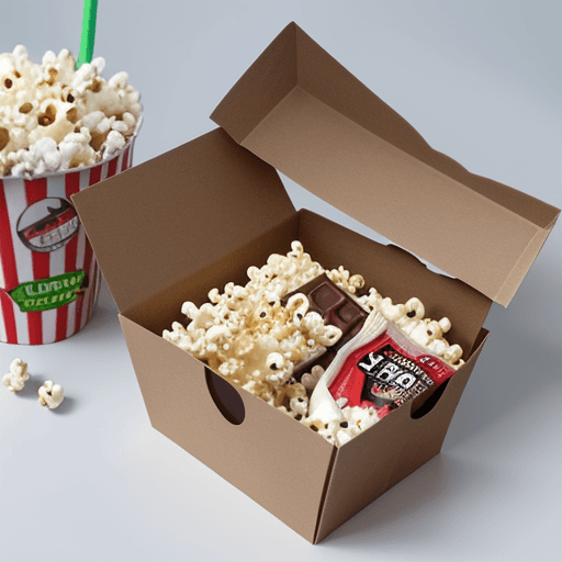 AI generated: snackbox, with chocolate bar inside, snacks inside, potato chips inside, apple juice inside, popcorn...