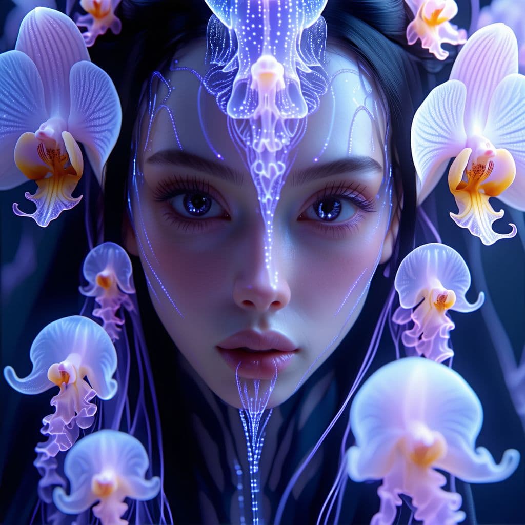 AI generated: Goddess close-up portrait ribcagel. jellyfish phoenix head, nautilus, orchid, skull, betta fish, bio...