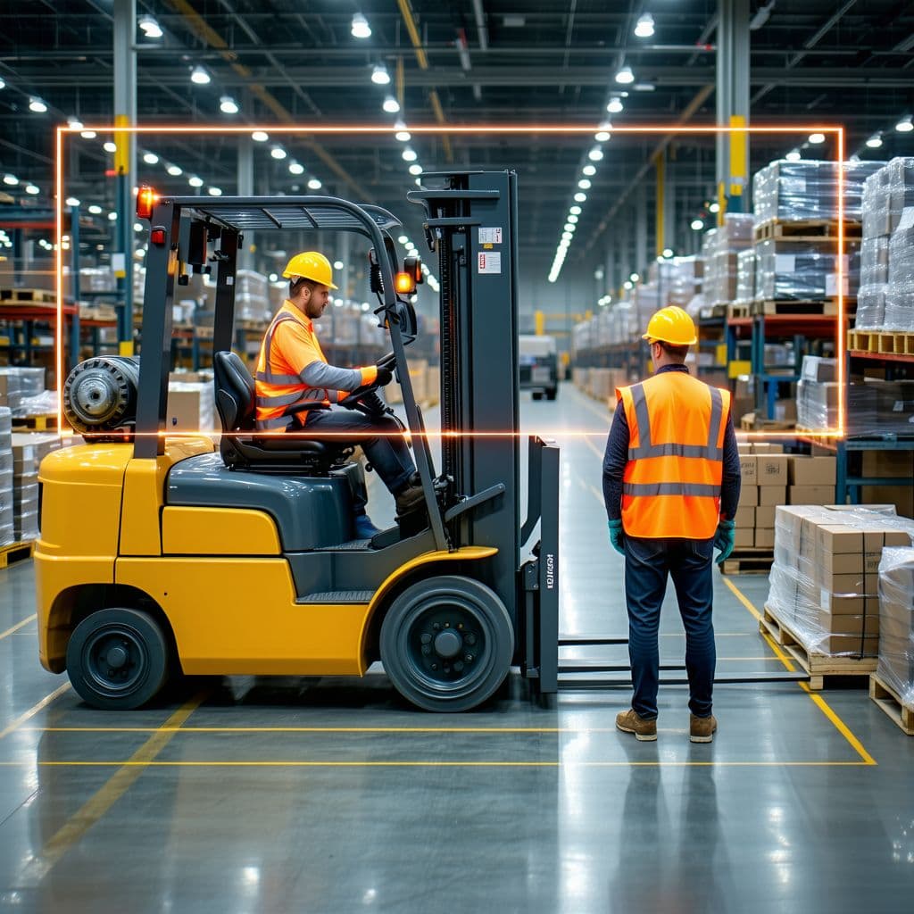 AI generated: A high-resolution image depicting a near-hit incident in a busy manufacturing site where an AI visio...