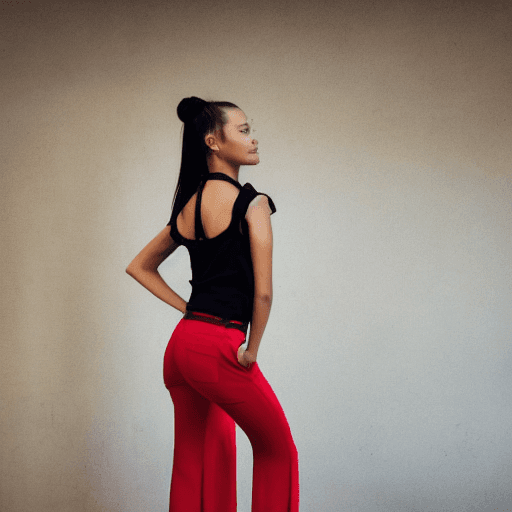 AI generated: The image depicts a stylishly dressed woman in a black shirt and red pants, standing in a room with ...