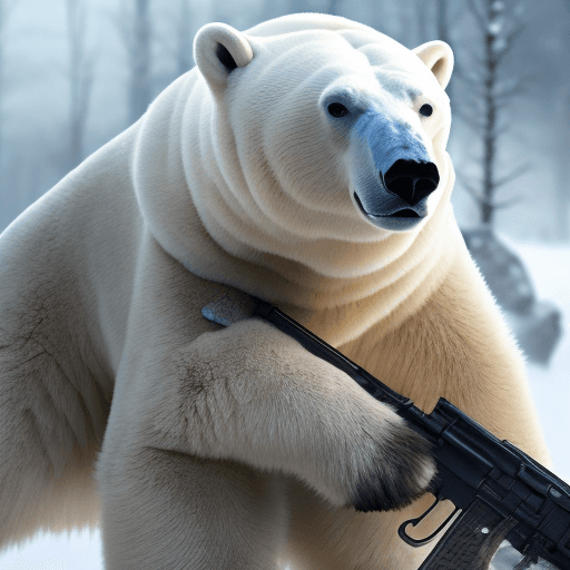 AI generated: Courageous polar bear in full winter military uniform, holding a carbine rifle, anthropomorphic, sup...