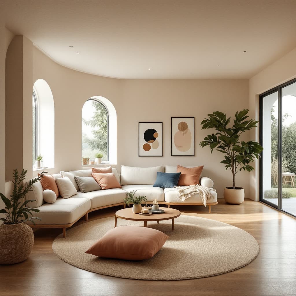 AI generated: High resolution photography interior design, dreamy sunken living room conversation pit, wooden floo...