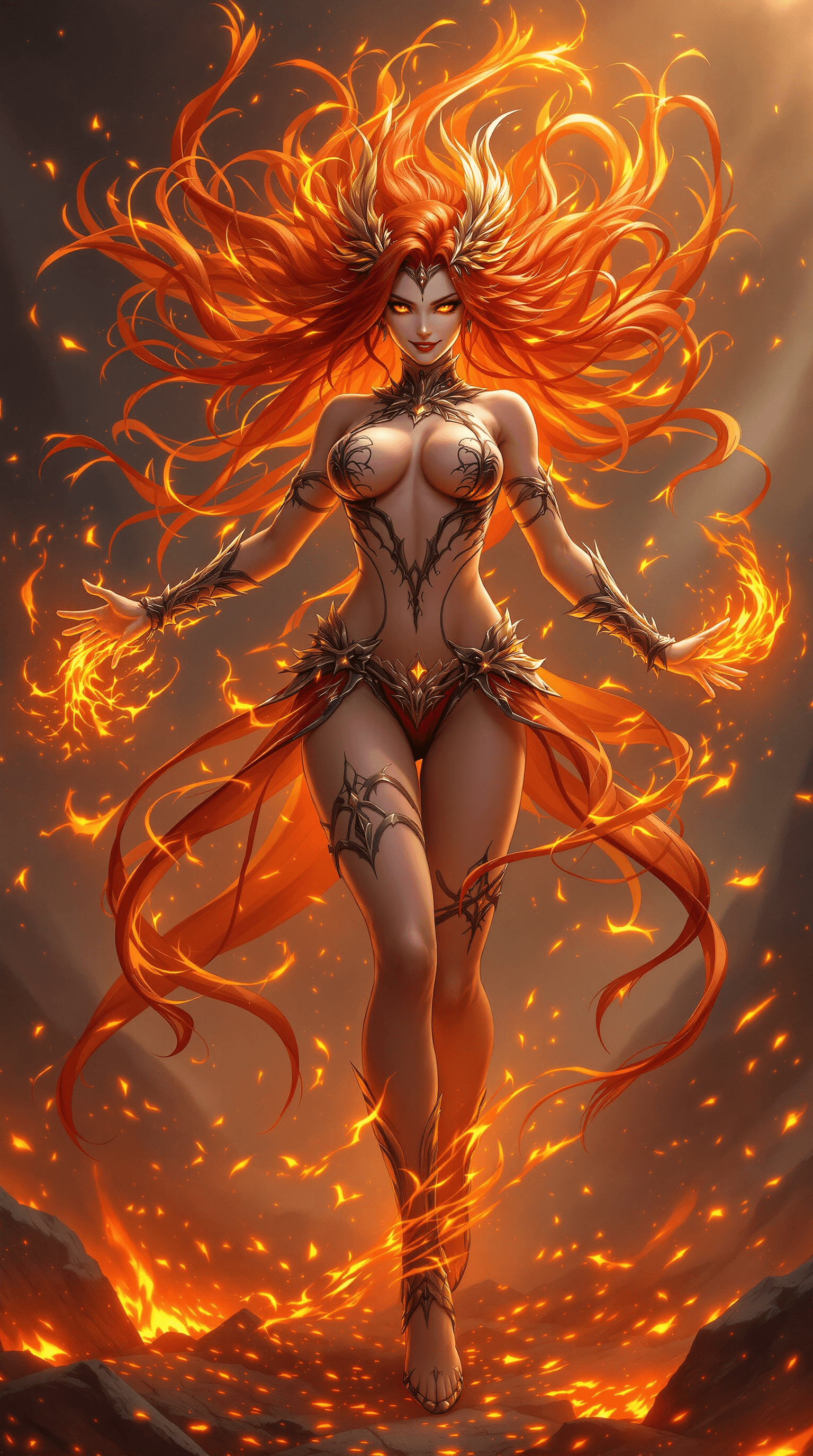 AI generated: The Phoenix Flame Dancer: A powerful and passionate warrior with long, flowing, vibrant red hair tha...