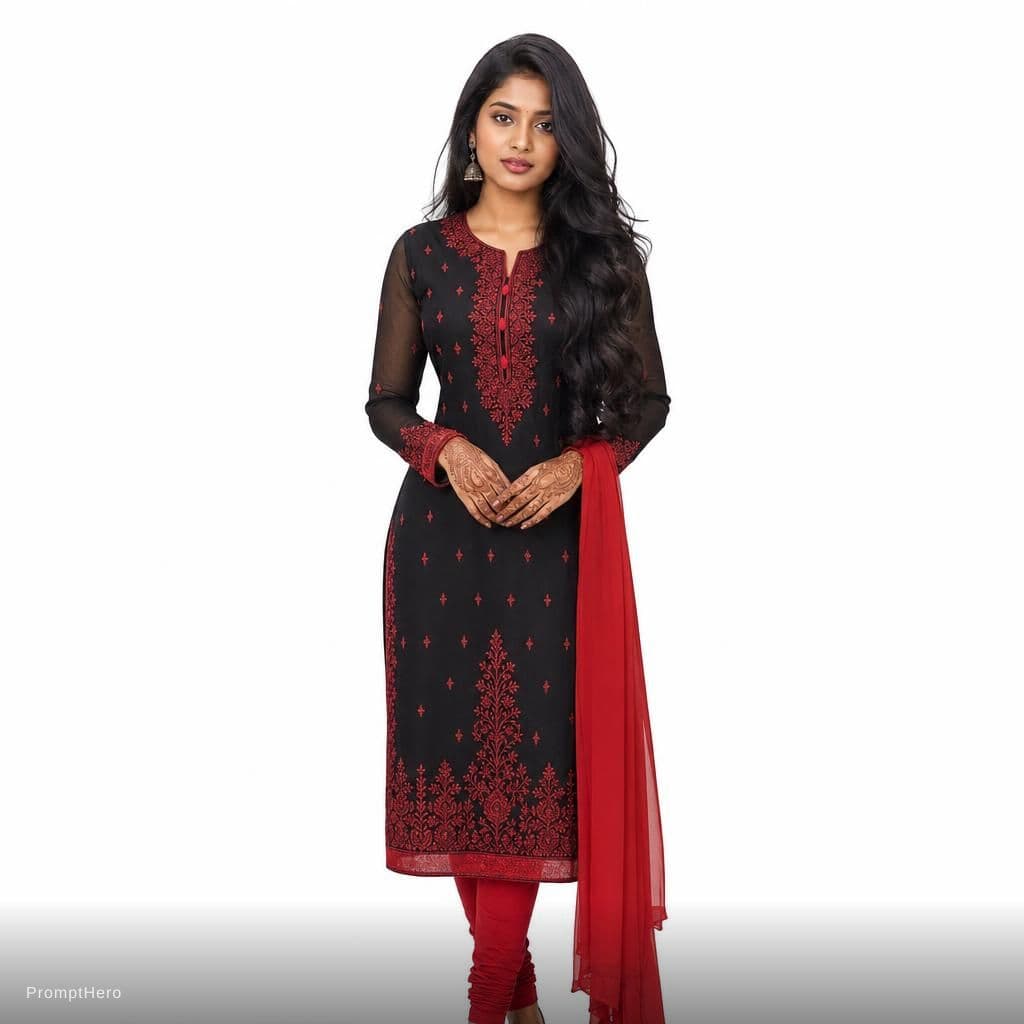 AI generated: A stunning Chennai woman stands isolated against a pure white background, her waist-length raven hai...