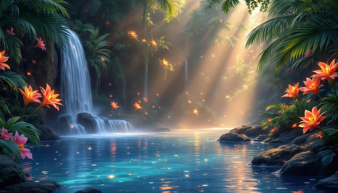AI generated:  depicting an intimate,anime style dreamlike portrait of the paradise lagoon's edge, where the gentl...