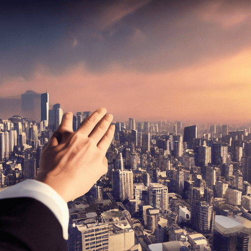 AI generated: hands control a model of a city, hands are like a god, image style is wallpaper