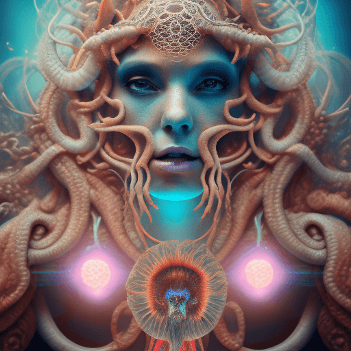 AI generated: Goddess close-up portrait ribcagel. jellyfish phoenix head, nautilus, orchid, skull, betta fish, bio...